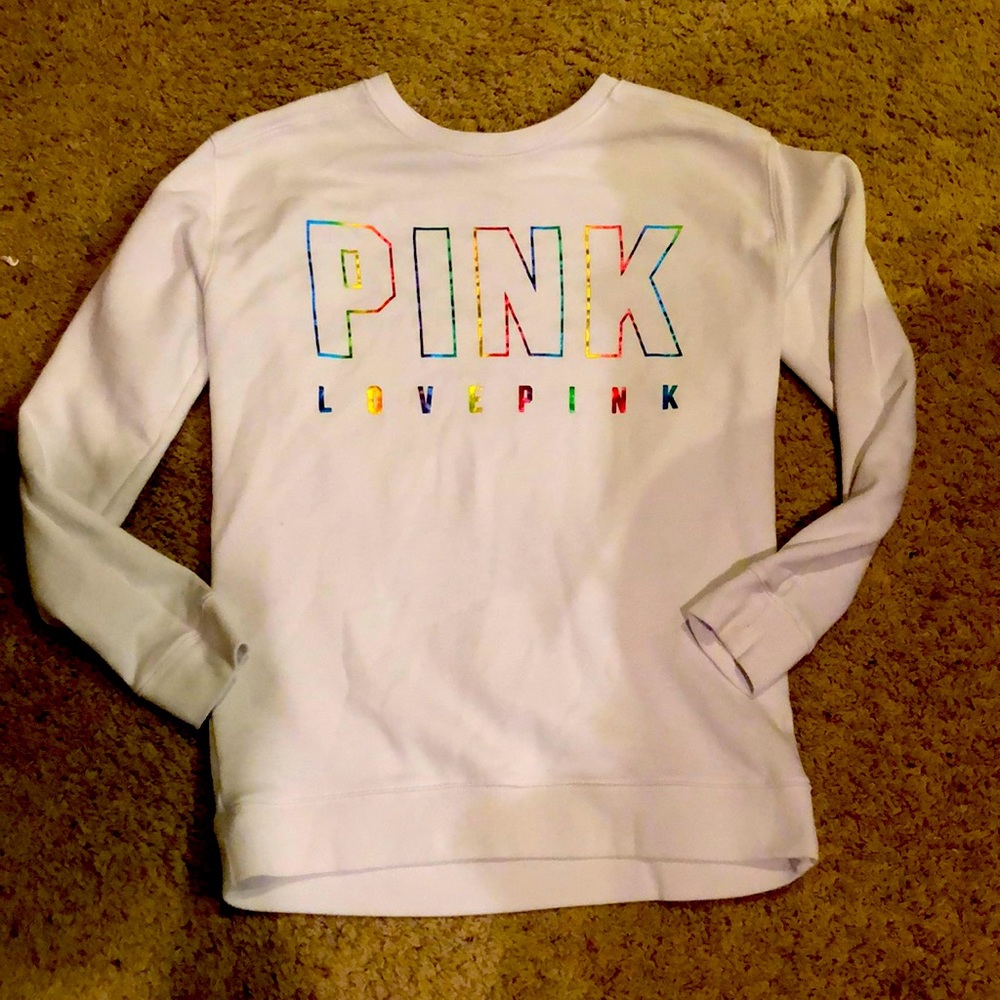 Victoria’s Secret Pink white sweatshirt with metallic rainbow lettering Size S